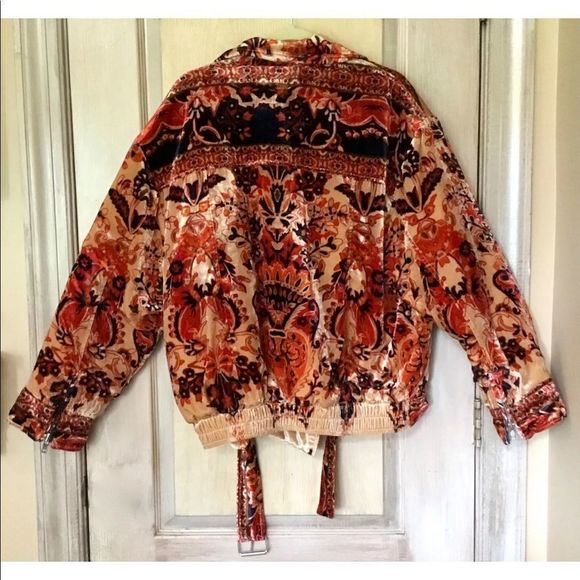 Free People Bailey Velvet Moto Jacket Moroccan Print Red Blue Orange Gold - Picture 4 of 6